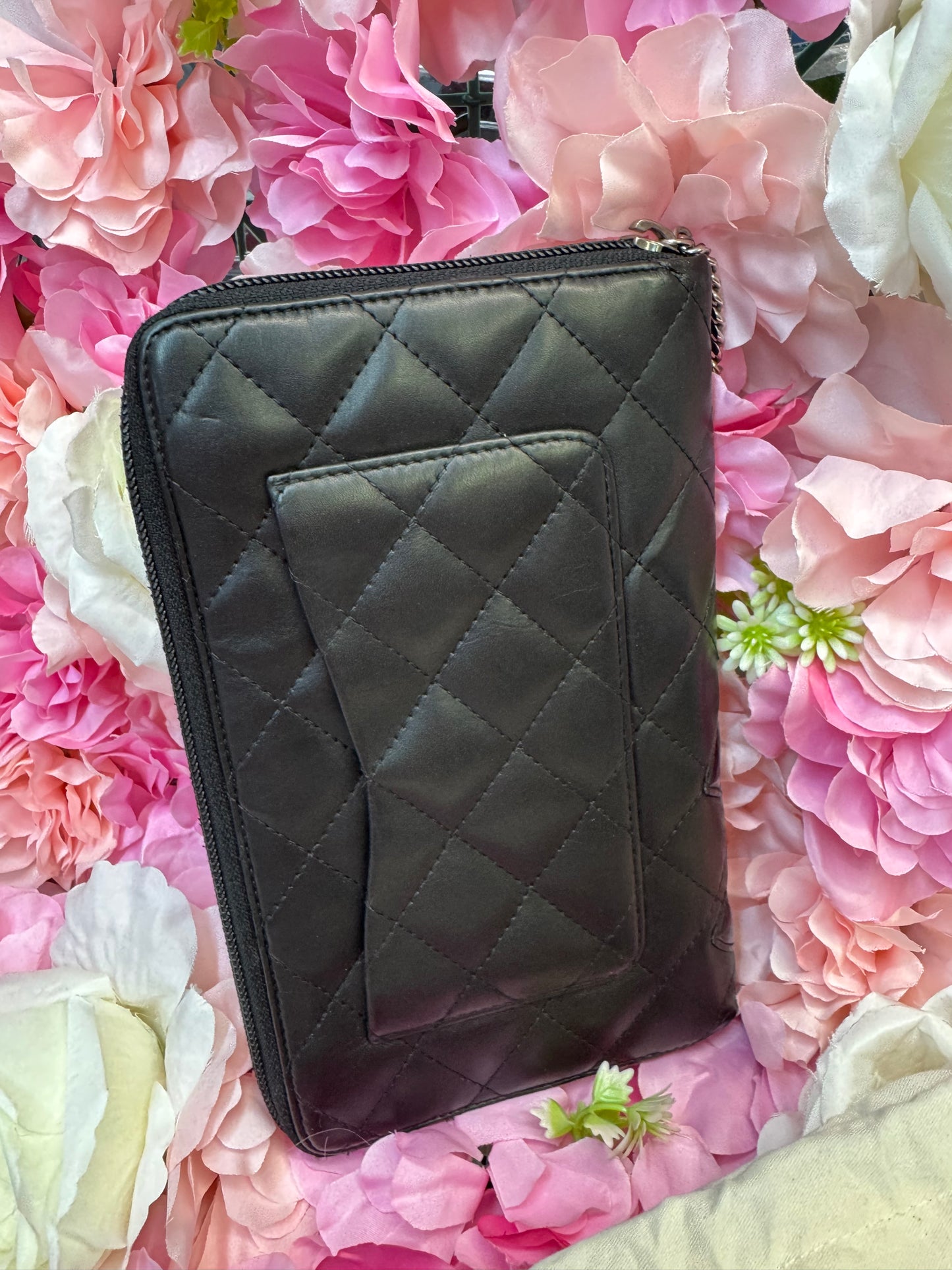 Chanel Carbon Zip Around Black Wallet With Hot Pink Lining
