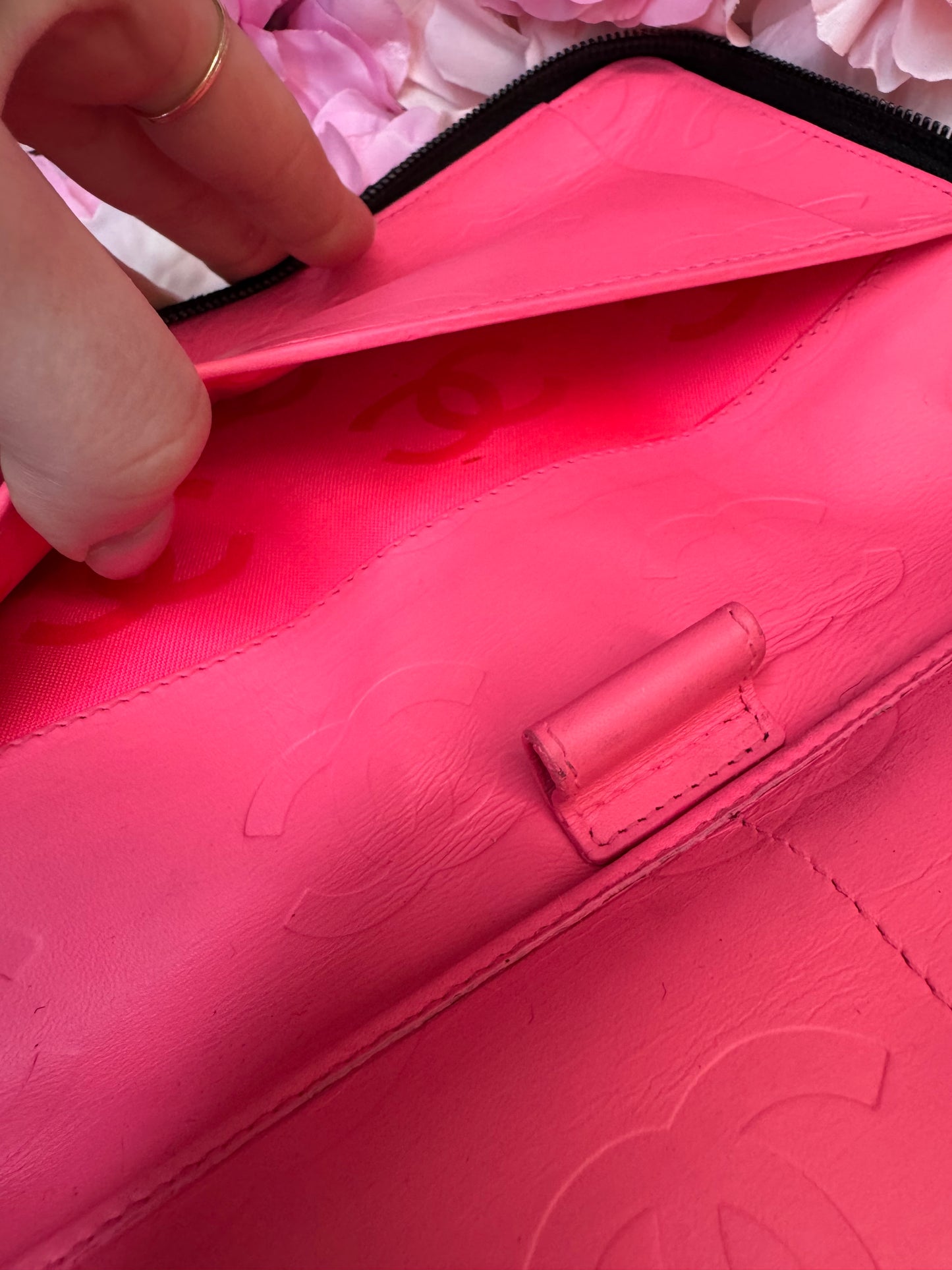 Chanel Carbon Zip Around Black Wallet With Hot Pink Lining