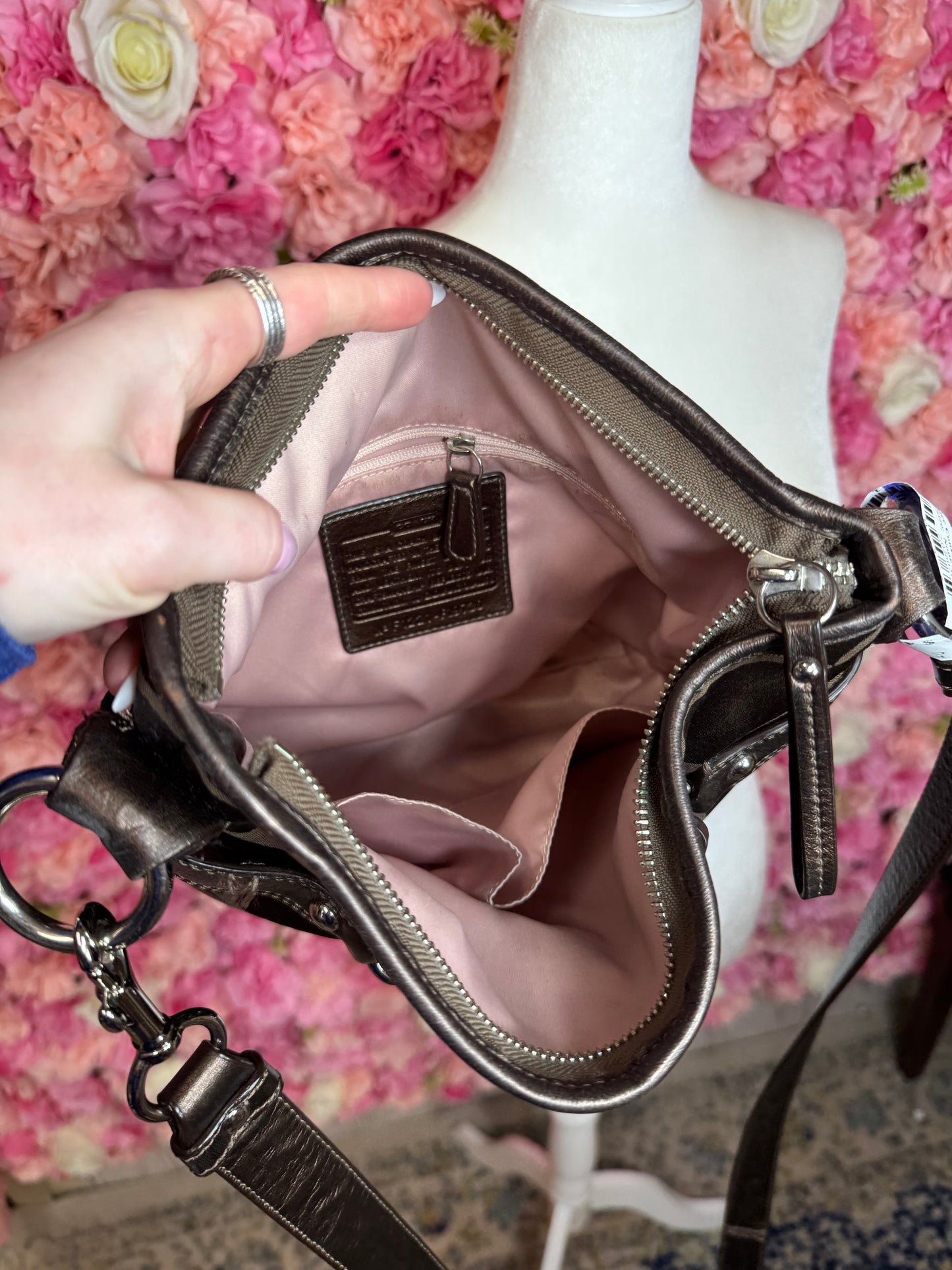 Brown Coach Crossbody With Silver Chain Detail