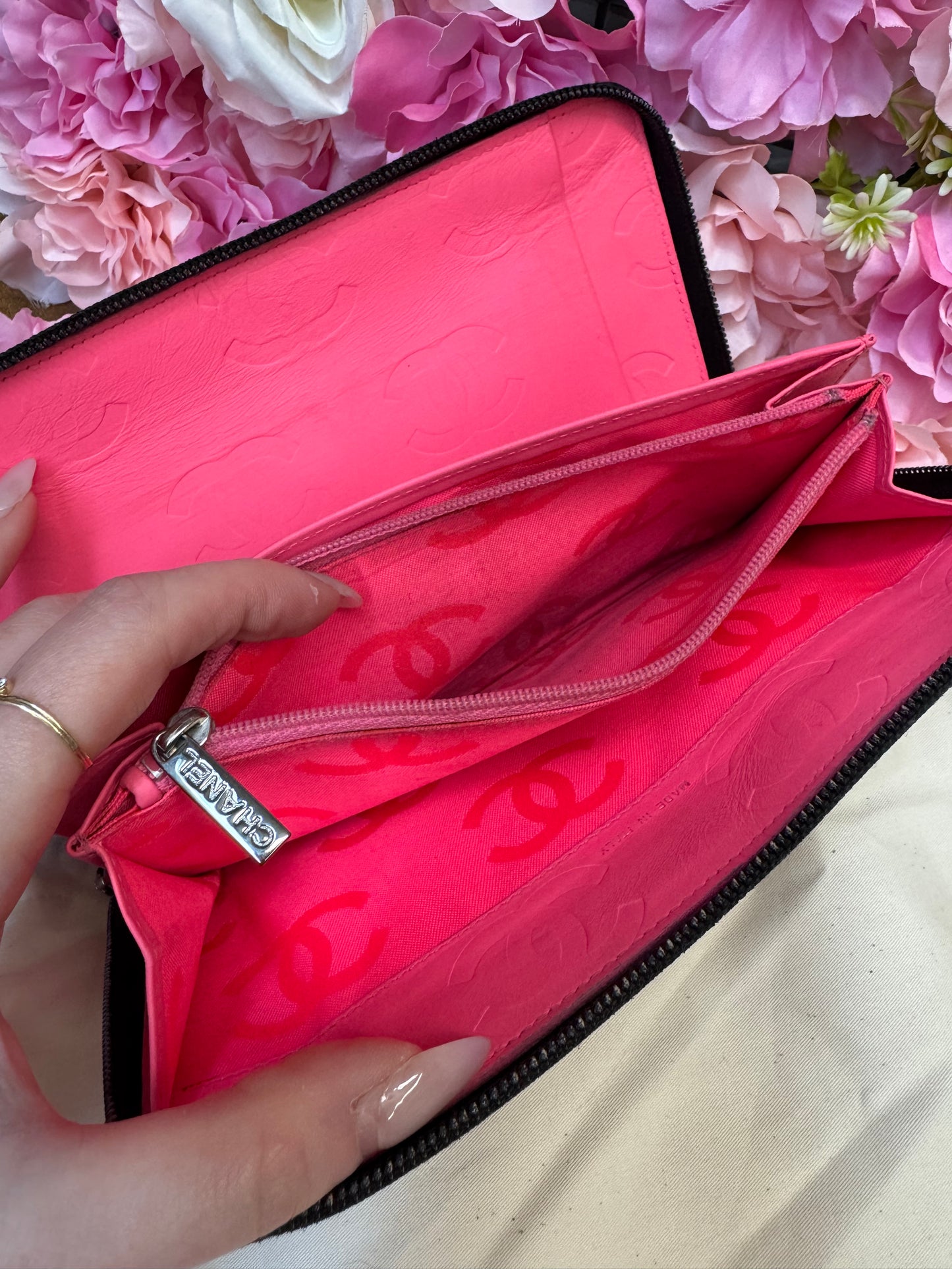Chanel Carbon Zip Around Black Wallet With Hot Pink Lining