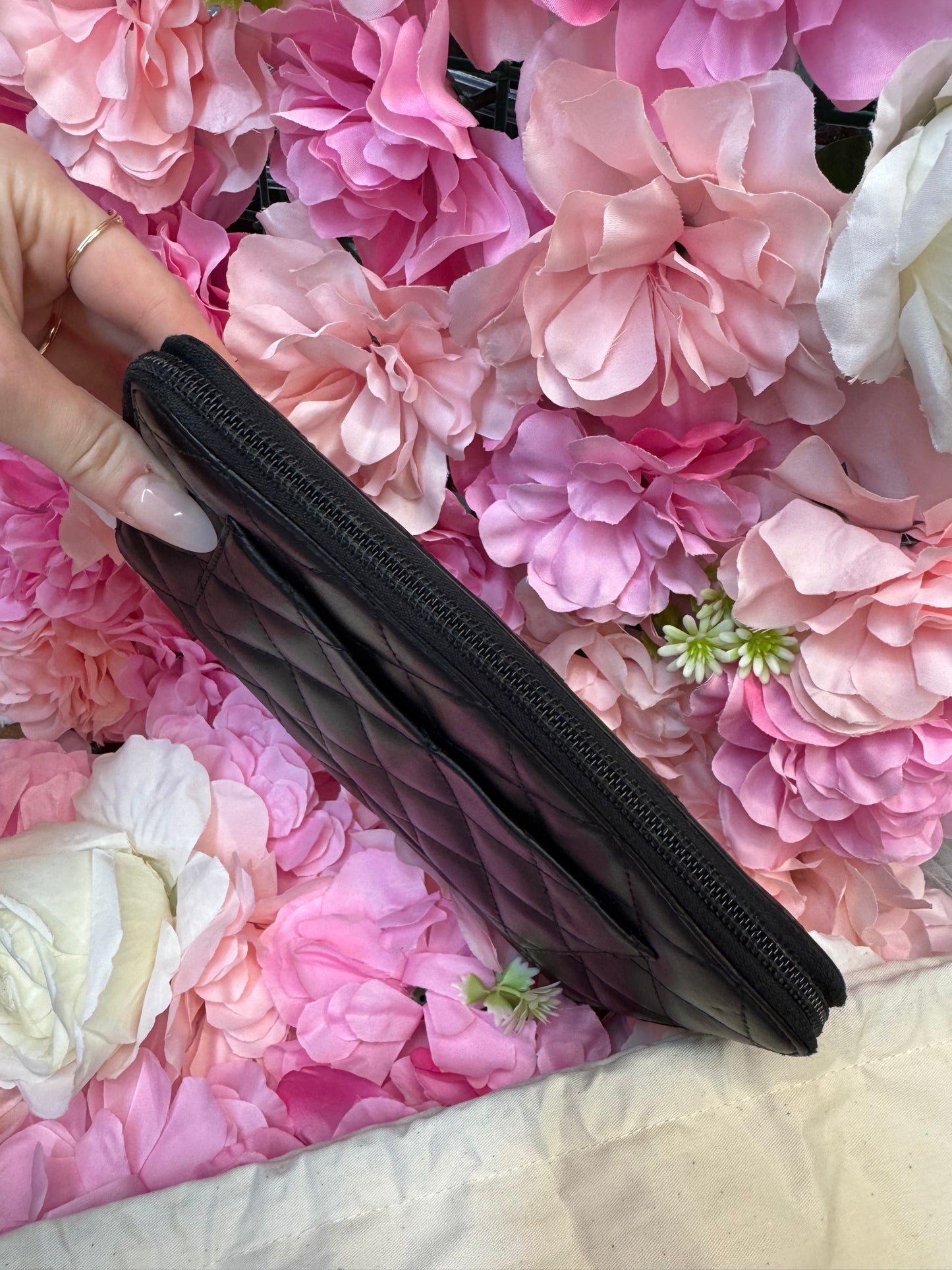 Chanel Carbon Zip Around Black Wallet With Hot Pink Lining