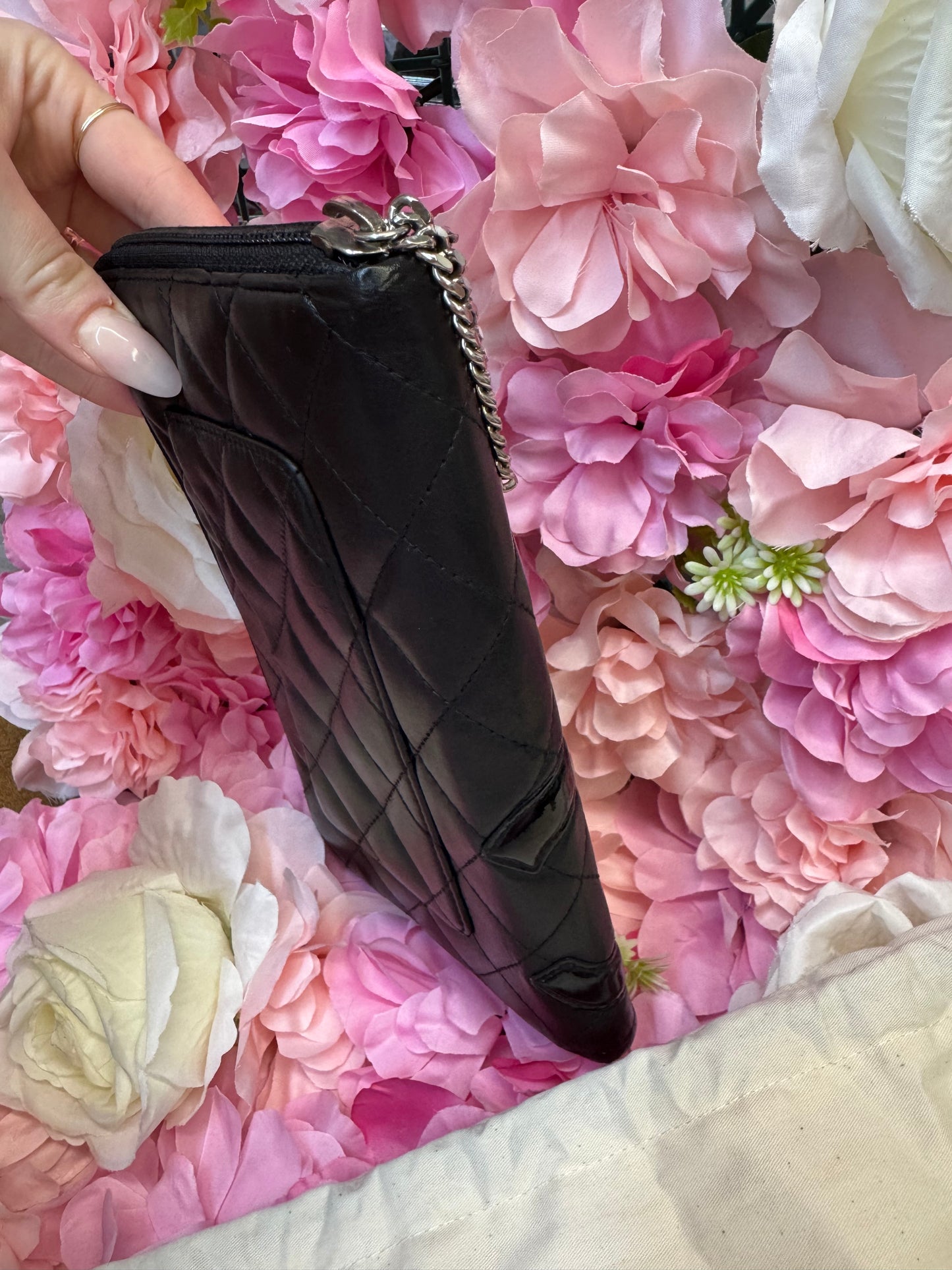 Chanel Carbon Zip Around Black Wallet With Hot Pink Lining