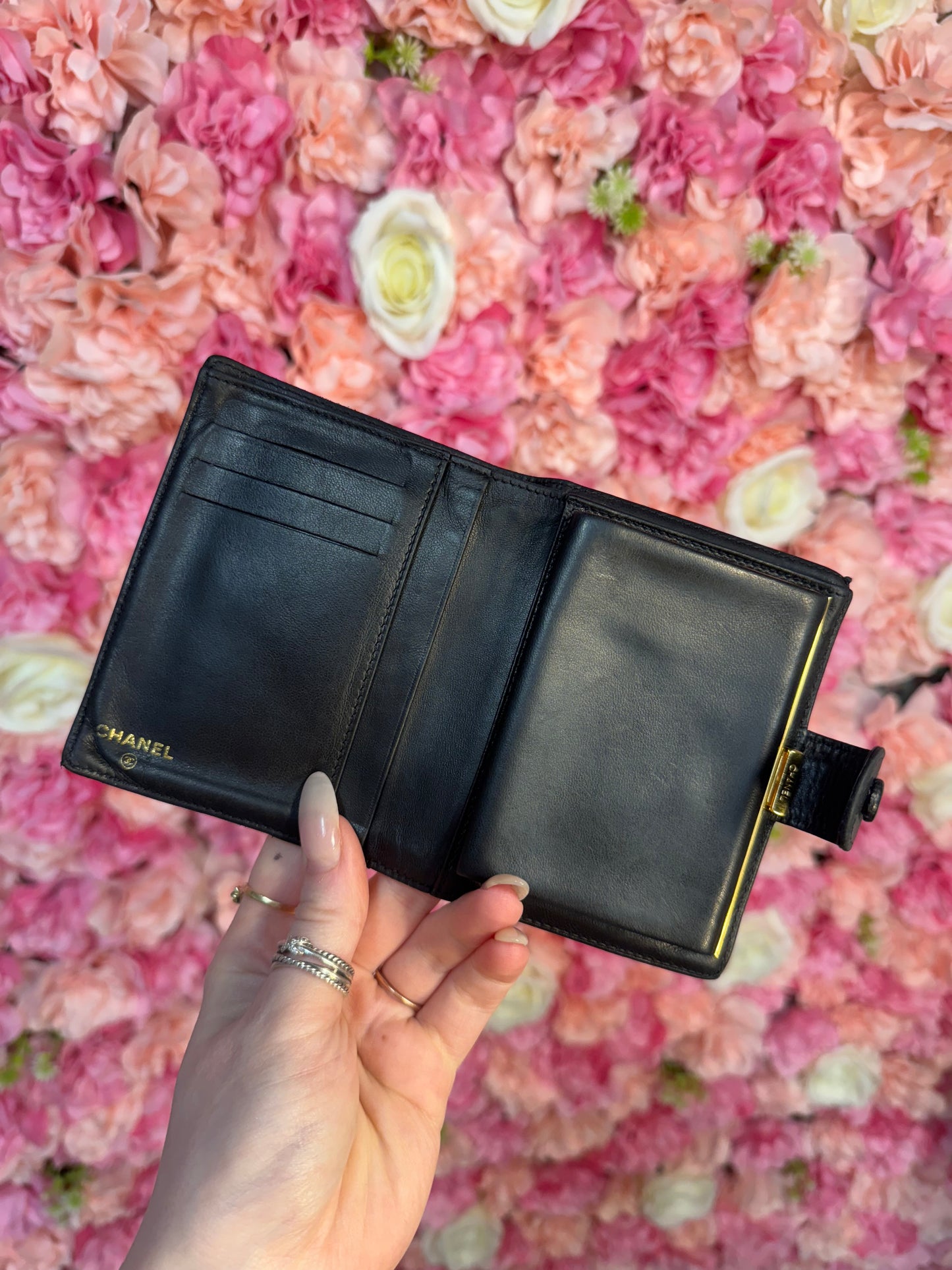 Black Leather Chanel Logo Wallet
