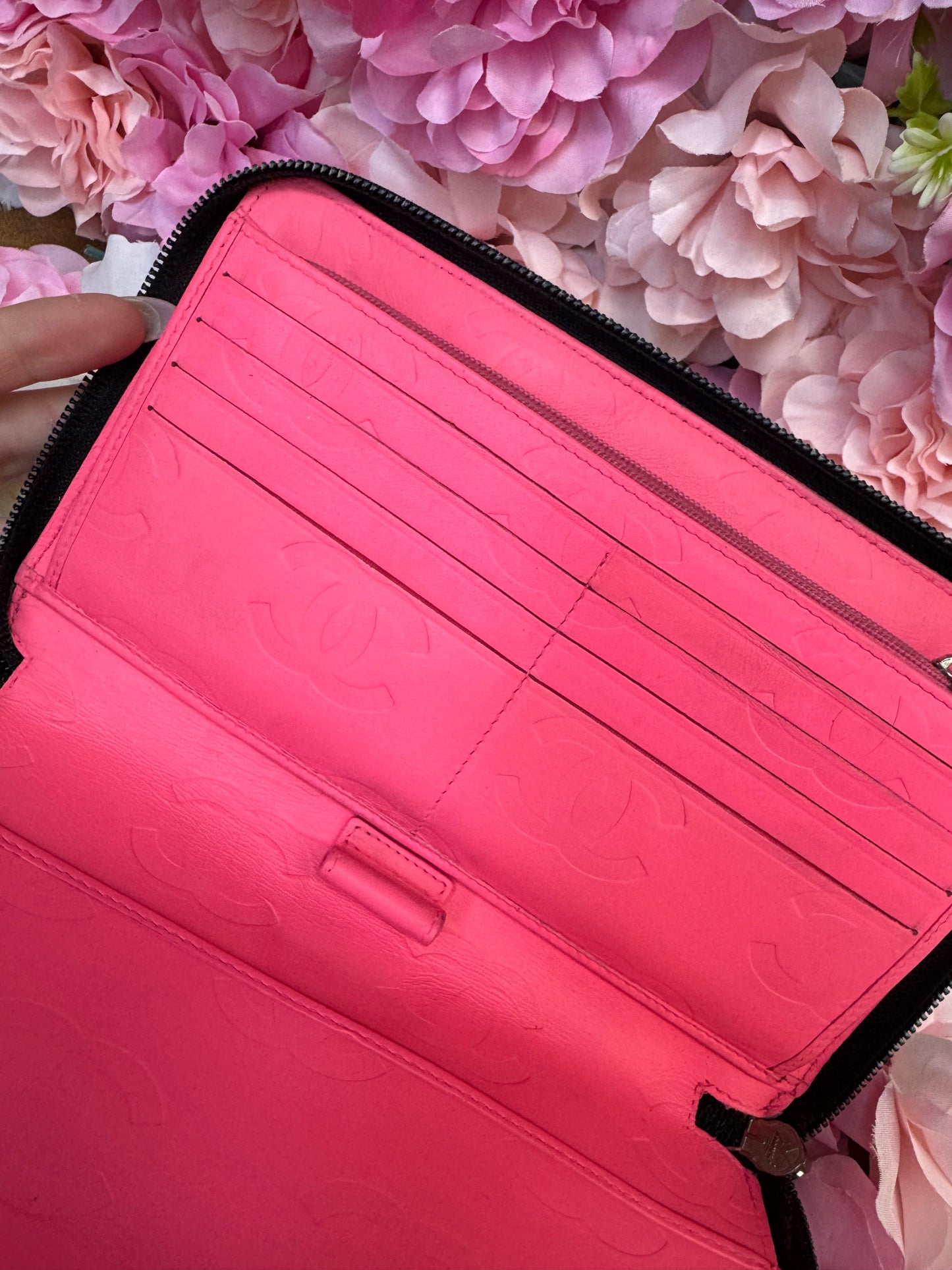 Chanel Carbon Zip Around Black Wallet With Hot Pink Lining