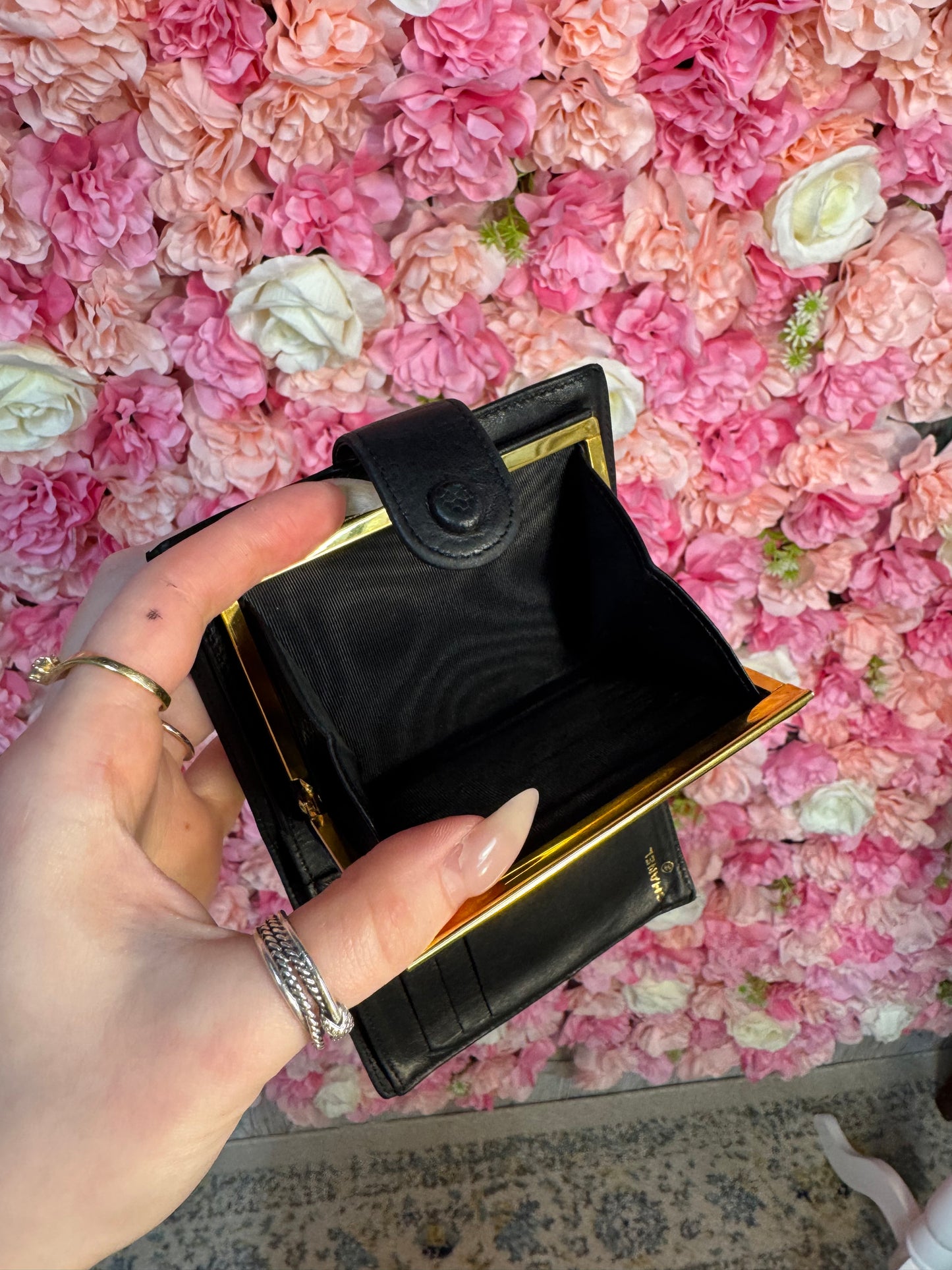 Black Leather Chanel Logo Wallet