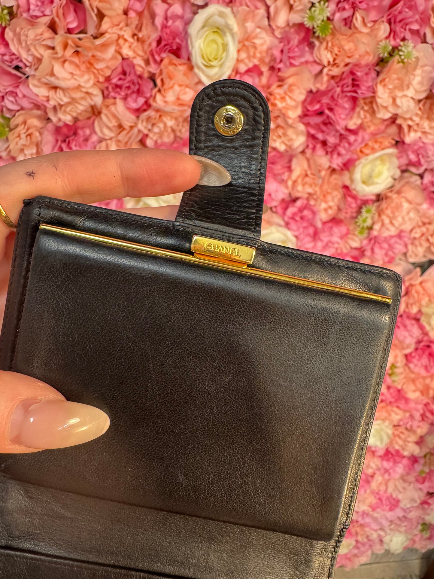 Black Leather Chanel Logo Wallet