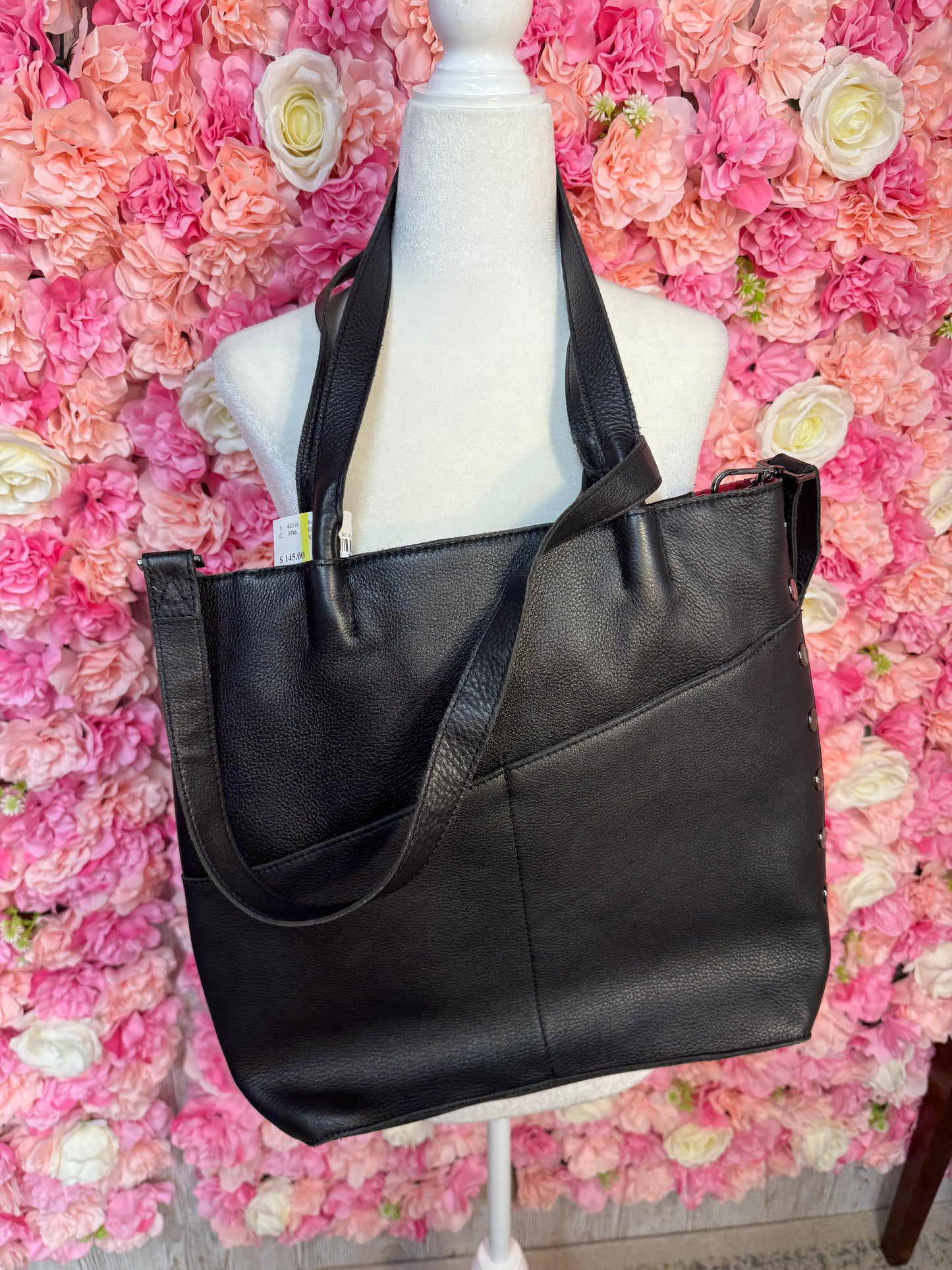 Black Hammit Studded Leather Bag with Long Strap