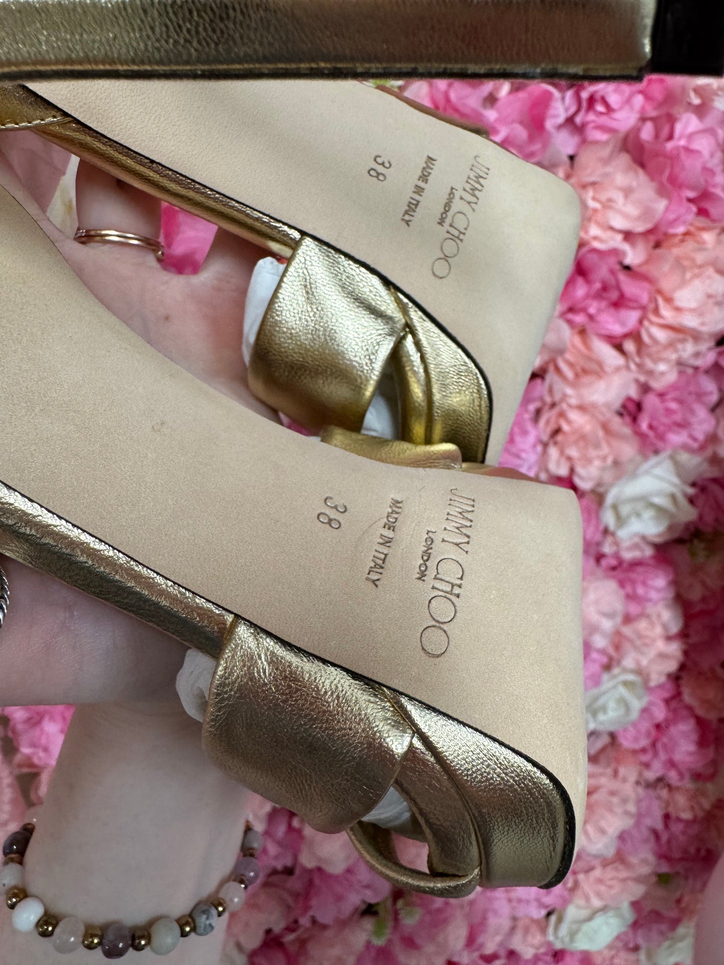 Brand New Gold Ankle Strap Jimmy Choo Heels Size 38