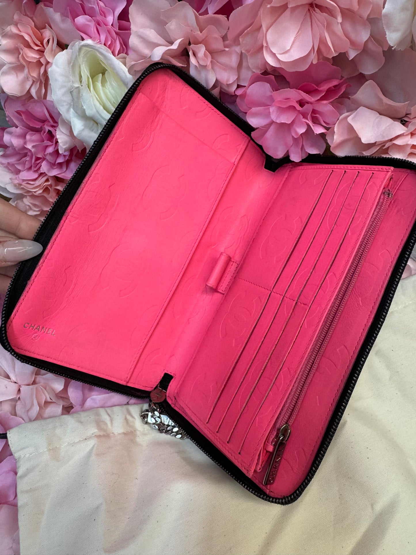 Chanel Carbon Zip Around Black Wallet With Hot Pink Lining