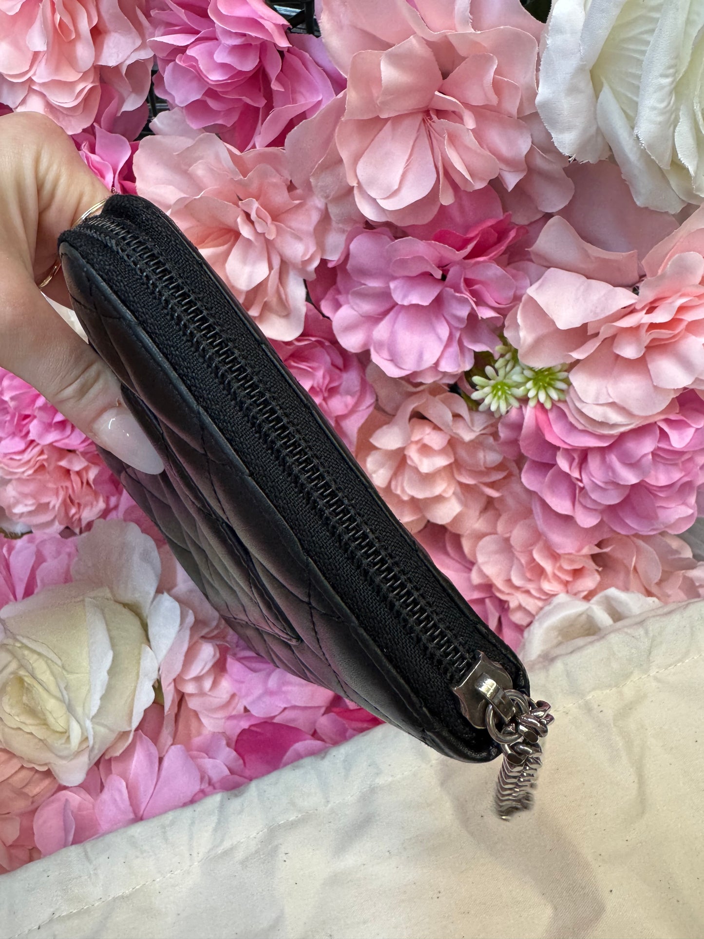 Chanel Carbon Zip Around Black Wallet With Hot Pink Lining