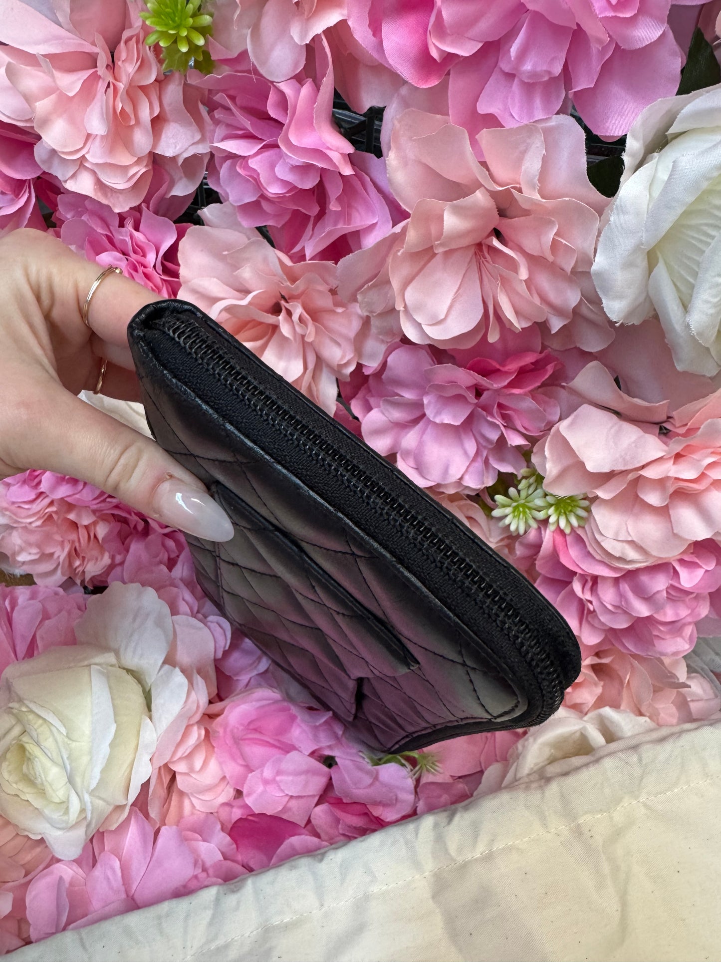 Chanel Carbon Zip Around Black Wallet With Hot Pink Lining
