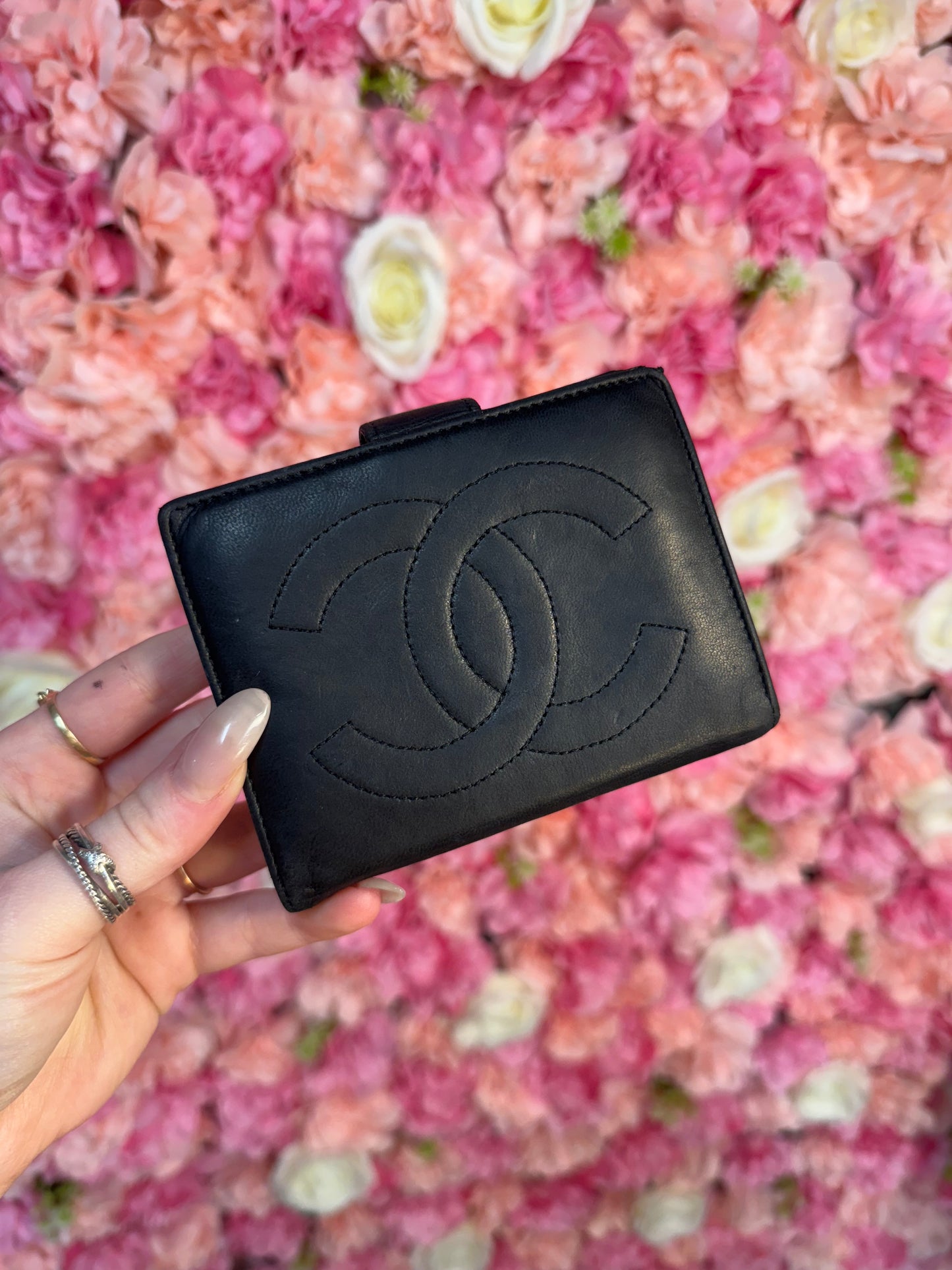 Black Leather Chanel Logo Wallet