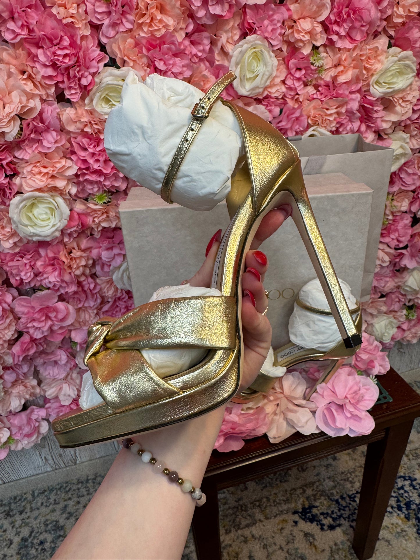 Brand New Gold Ankle Strap Jimmy Choo Heels Size 38