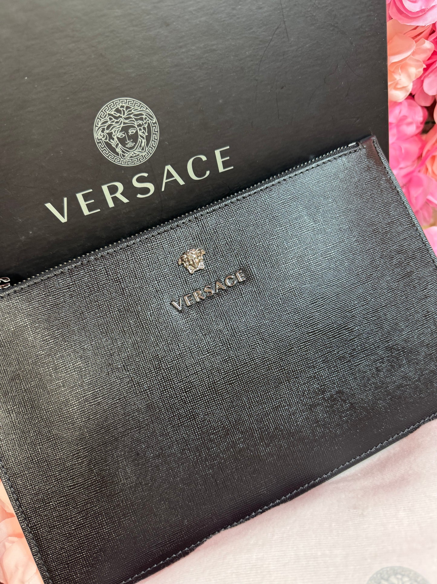 Black Versace Oversized Wristlet with box and sleeper bag