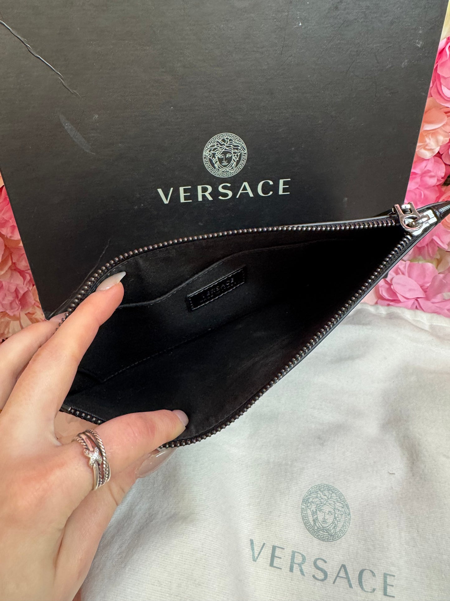 Black Versace Oversized Wristlet with box and sleeper bag