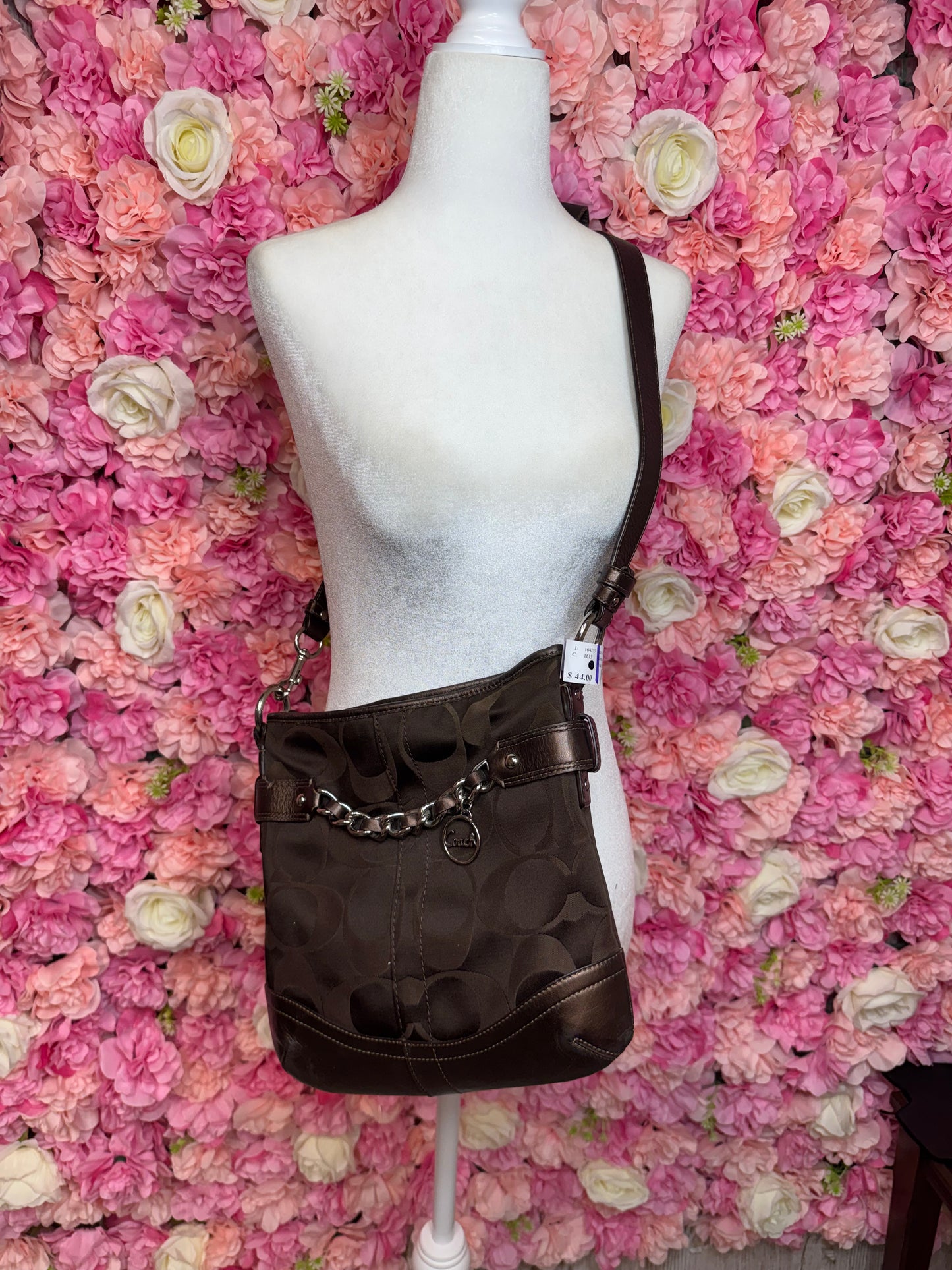 Brown Coach Crossbody With Silver Chain Detail
