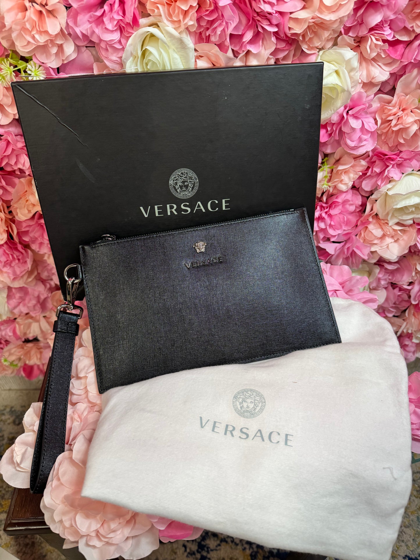 Black Versace Oversized Wristlet with box and sleeper bag