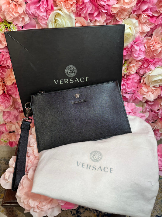 Black Versace Oversized Wristlet with box and sleeper bag