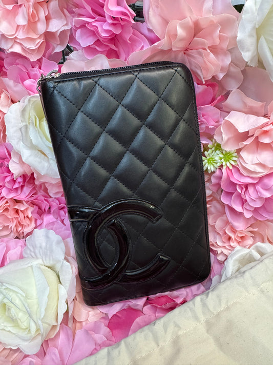 Chanel Carbon Zip Around Black Wallet With Hot Pink Lining