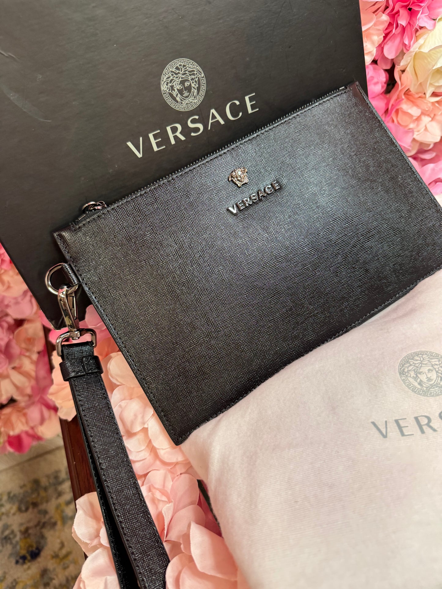 Black Versace Oversized Wristlet with box and sleeper bag