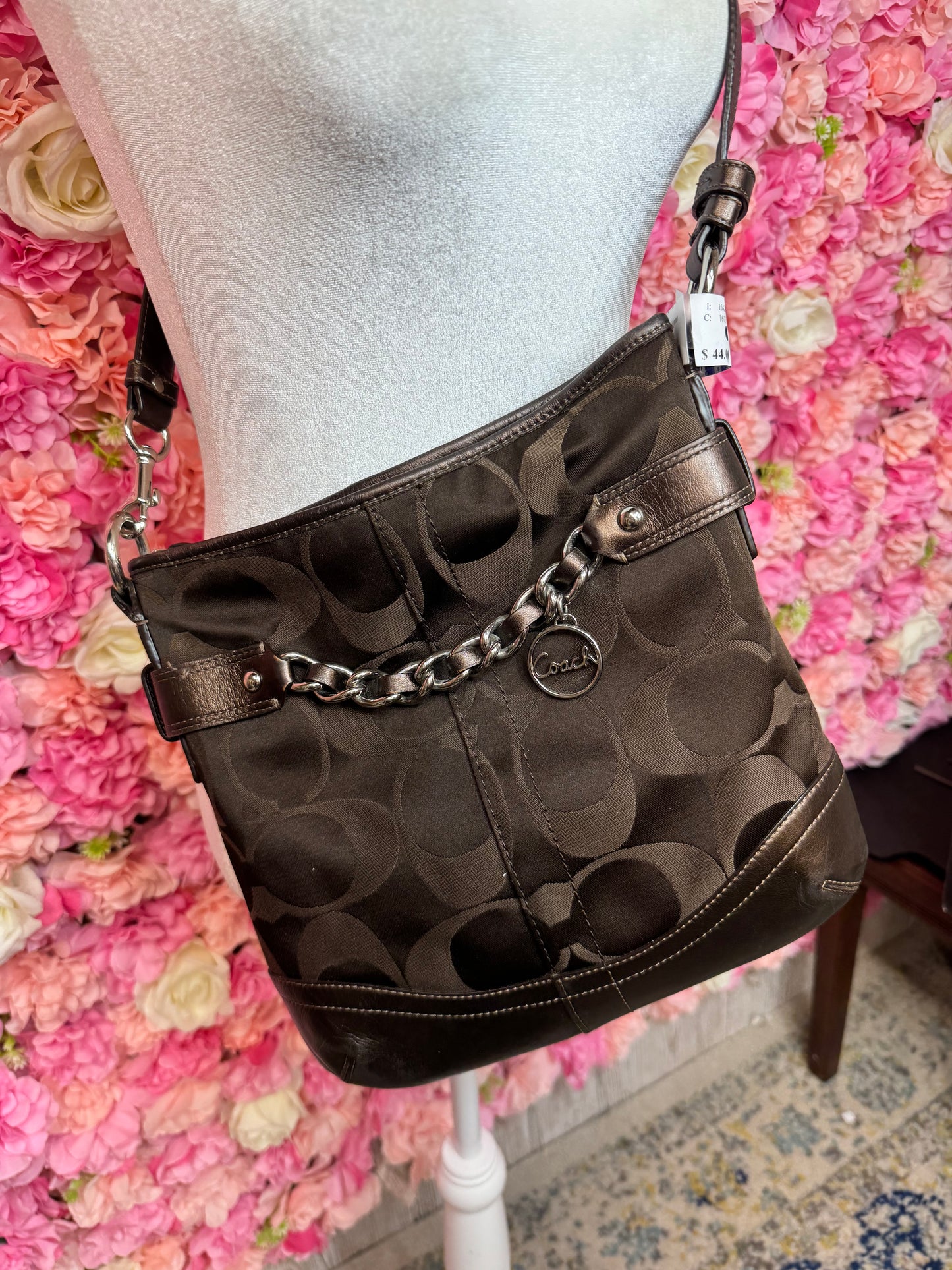 Brown Coach Crossbody With Silver Chain Detail