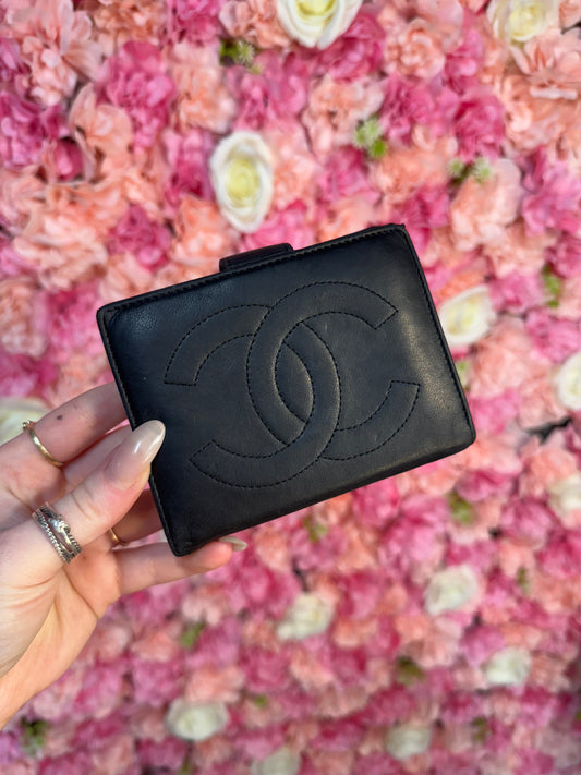 Black Leather Chanel Logo Wallet