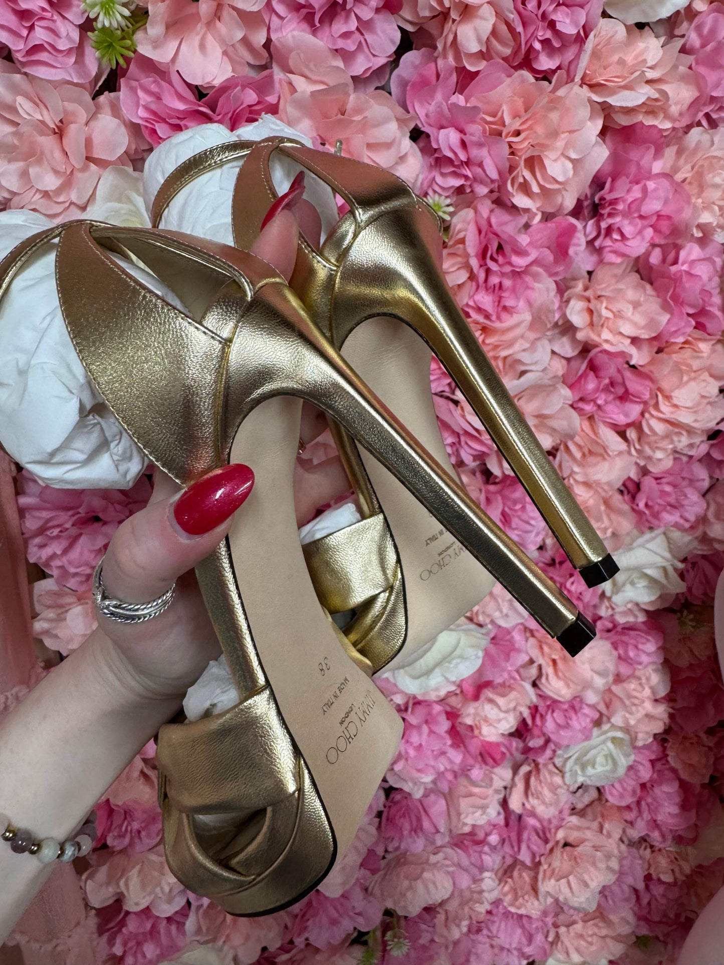 Brand New Gold Ankle Strap Jimmy Choo Heels Size 38