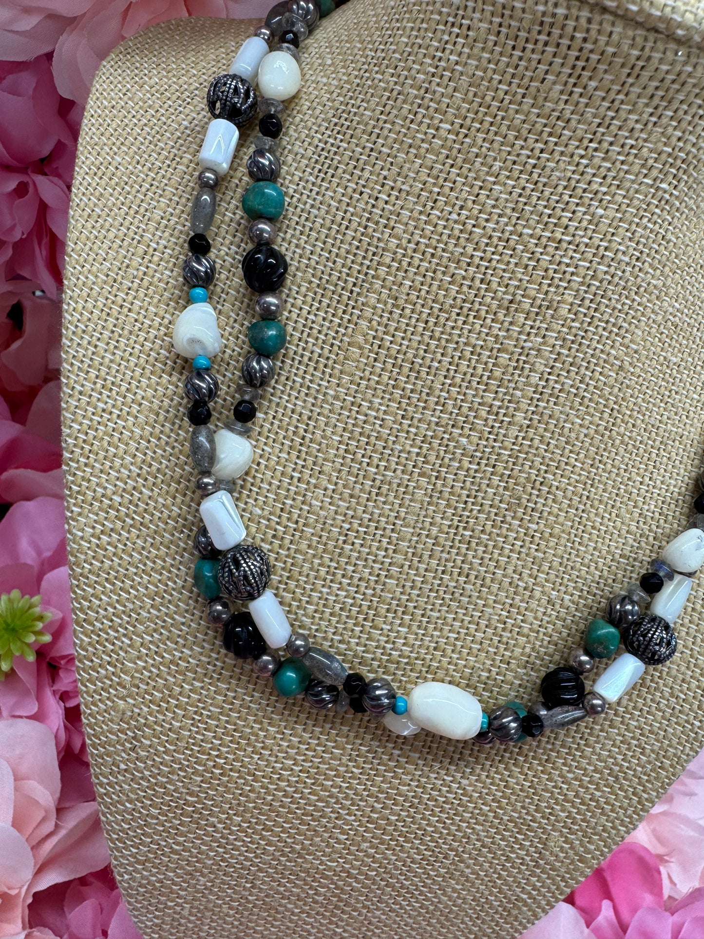 Carolyn Pollack Turquoise, Onyx & Mother Of Pearl Double Strand Necklace