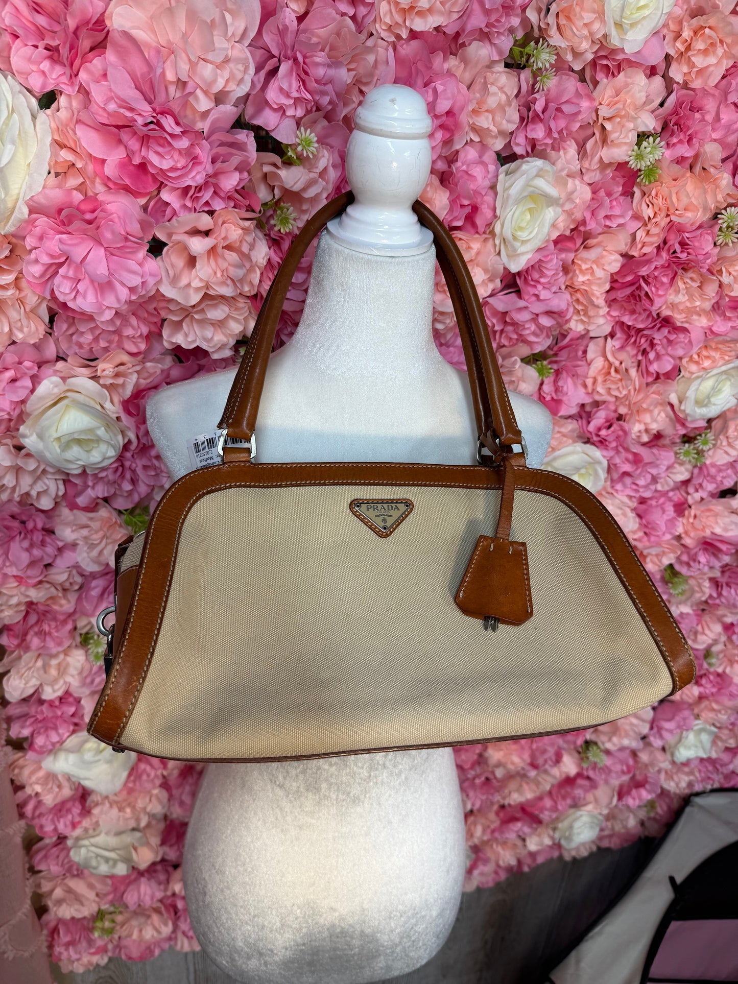 Prada Vintage Neutral Canvas & Leather Bag