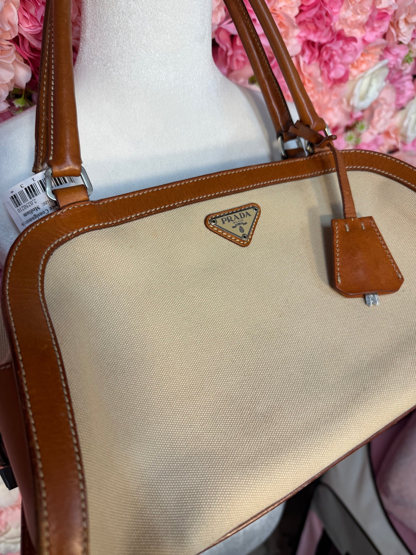 Prada Vintage Neutral Canvas & Leather Bag